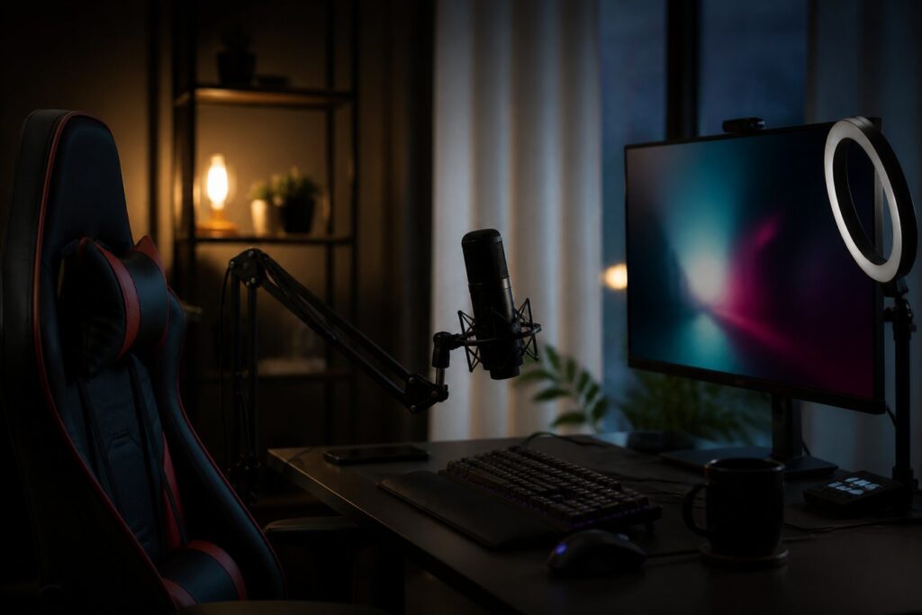 Mörkt streamingrum med mikrofon, ringljus, skärm och gamingstol